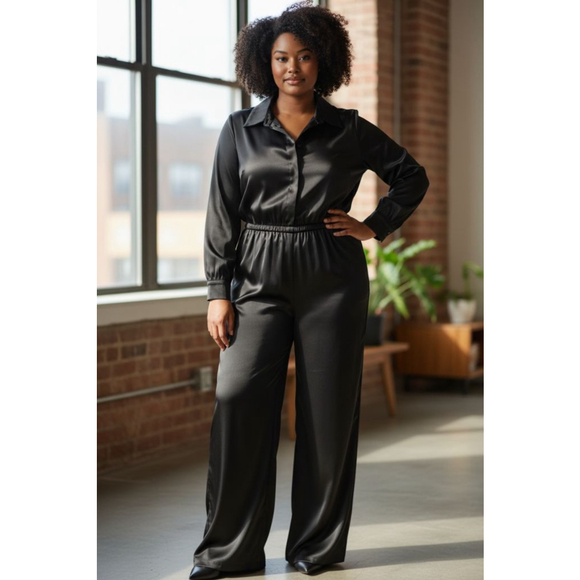 ELOQUII Pants - ELOQUII Black Satin Long Sleeve Jumpsuit Plus Size 14